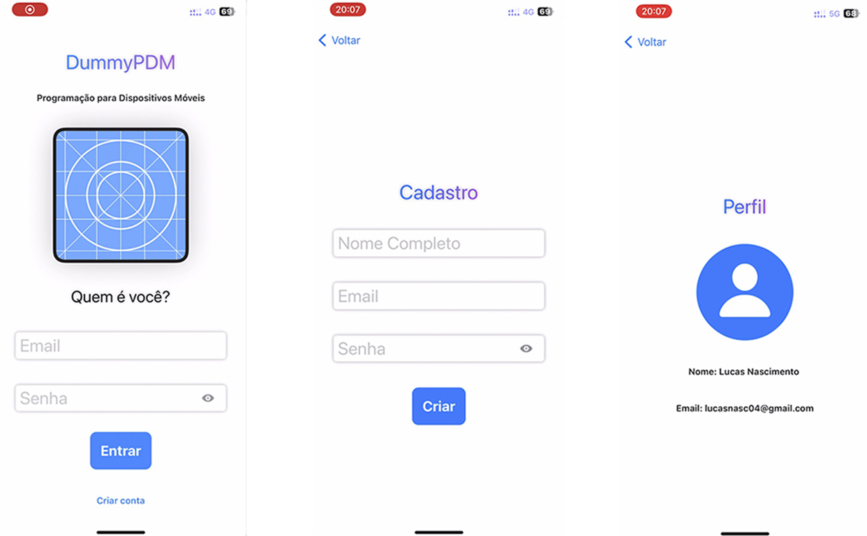 iOS app pages for login, account creation and profile